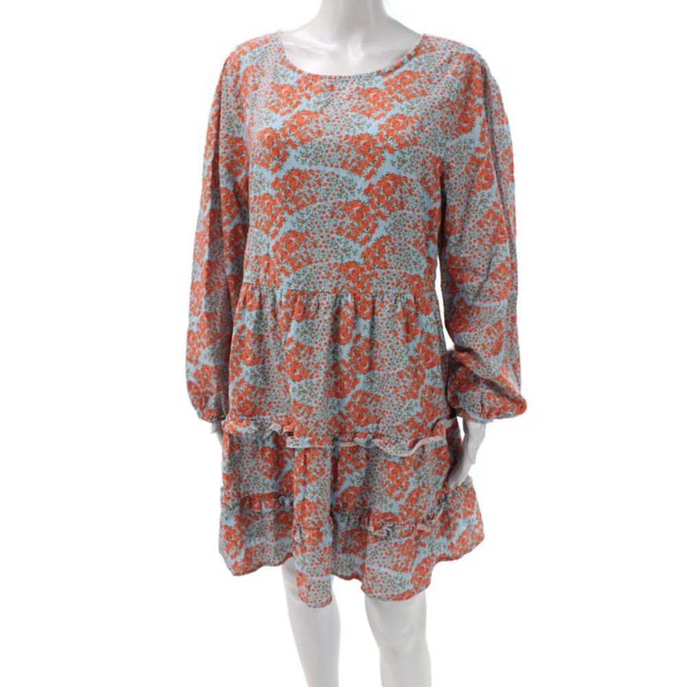 Roller Rabbit Women Mini Blue Floral Scoop Neck Cotton Dress Long Sleeve Size L